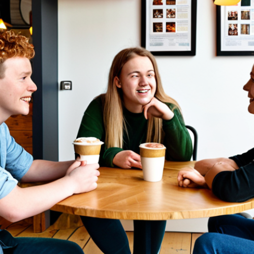 **Image Prompt:** A diverse group of young adults in a modern Dutch cafe, openly discussing relationships and sexuality with comfortable expressions. Focus on natural lighting and a cozy, inclusive atmosphere. The scene represents open communication and destigmatization of sexual health topics. Keywords: "Open communicatie," "relaties," "seksualiteit," "Nederland," "inclusief," "gezellig."