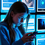 **A teenager looking thoughtfully at their phone screen, bathed in the blue light of social media. Overlaid images of heavily filtered influencers and alarming news headlines about online bullying create a sense of unease and pressure.**