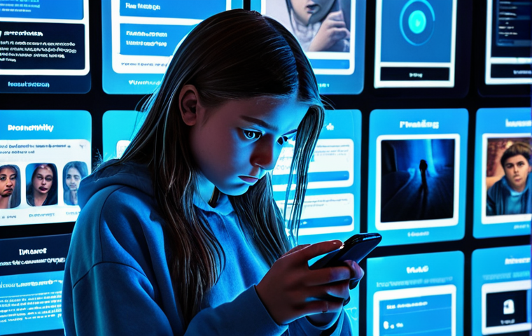 **A teenager looking thoughtfully at their phone screen, bathed in the blue light of social media. Overlaid images of heavily filtered influencers and alarming news headlines about online bullying create a sense of unease and pressure.**